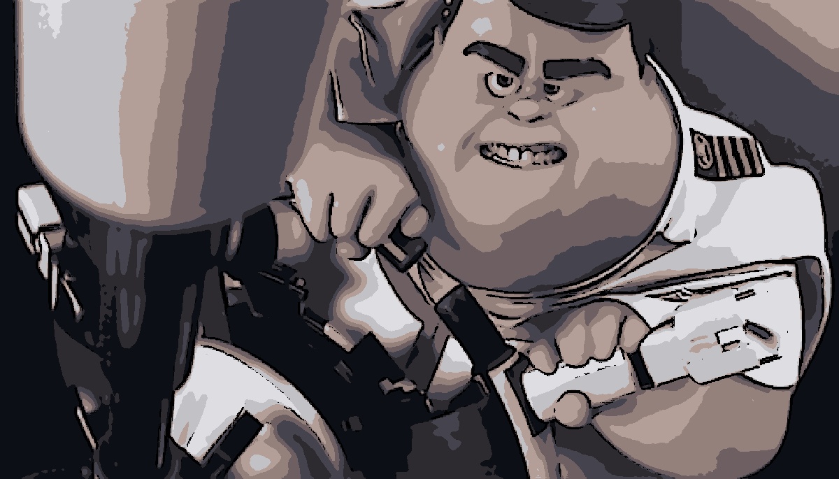O comandante McCrea luta contra o piloto automático da nave Axiom, na animação WALL-E (Reprodução)