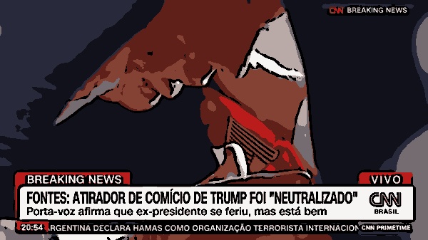 Trump agaixado com sangue no rosto após tiros em comício (Foto: CNN/Reprodução)