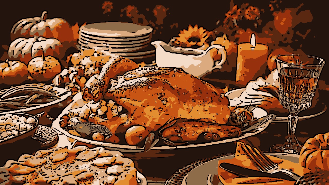 A refeição tradicional do Thanksgiving inclui peru, torta de abóbora e outros pratos típicos