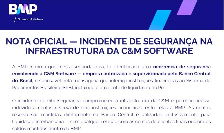 Nota a imprensa sobre ataque ao BMP e sistema financeiro brasileiro